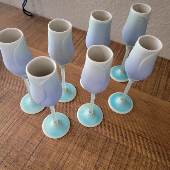 Retired Newman Ceramic Works Blue Rosebud Cordial Glasses Signed Set of 6 - Picture 9 of 10